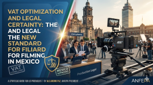 Featured image for ANFEPA article showing a film production set in Mexico City with legal professionals managing compliance and VAT optimization for international producers.