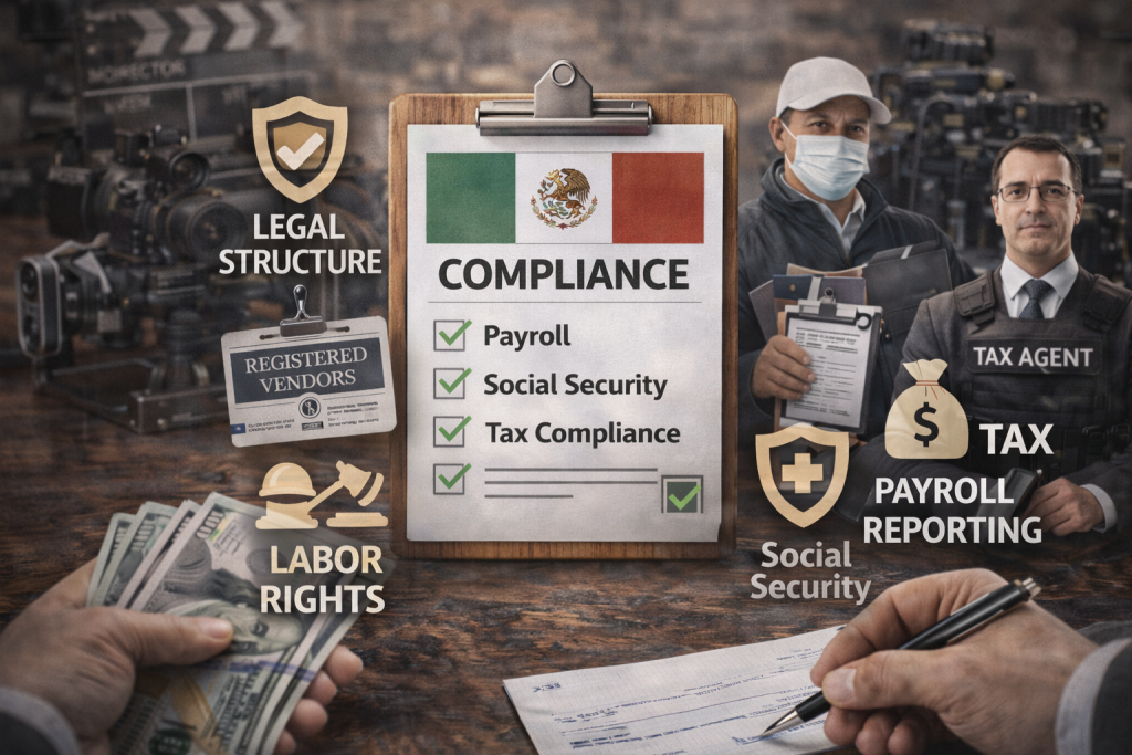 Compliance checklist for film productions operating in Mexico showing payroll, social security, and tax requirements for US producers filming in Mexico.