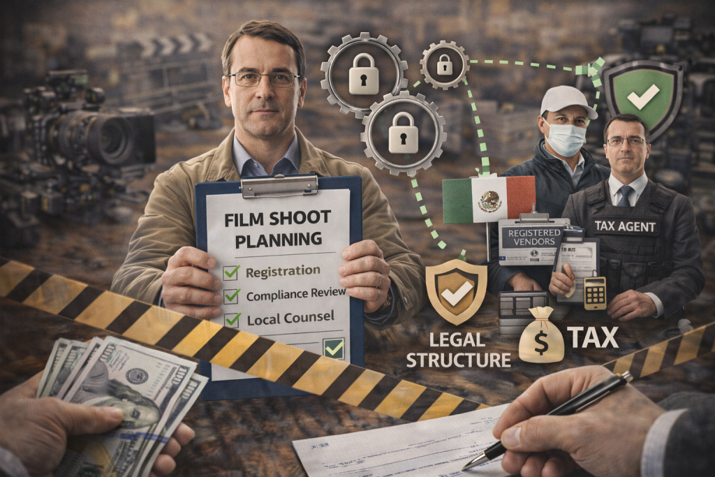 US film producer planning a compliant shoot in Mexico with registered vendors, tax reporting, and legal structure to prevent regulatory delays.
