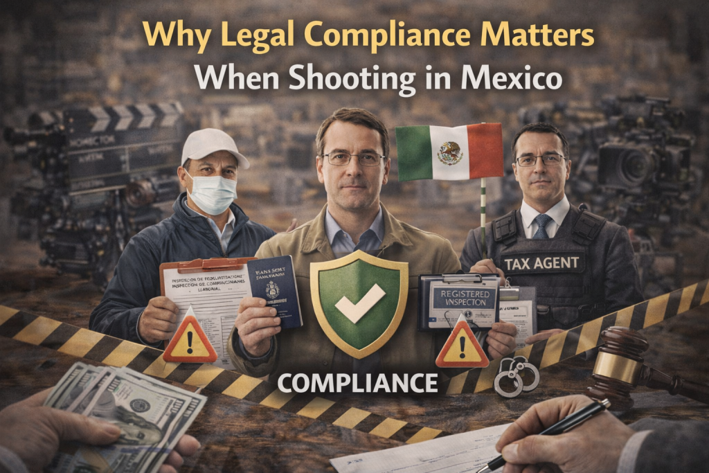 Film producer and Mexican compliance officials illustrating why legal compliance is essential when shooting a film production in Mexico.