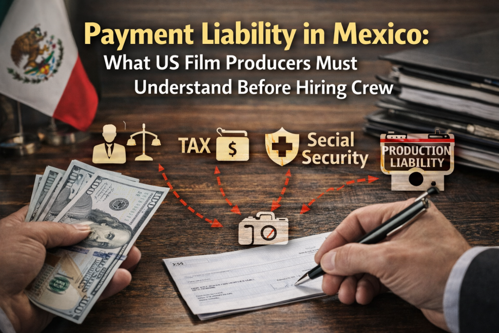 Film producer reviewing payments and contracts illustrating legal liability risks when US productions hire crew in Mexico.