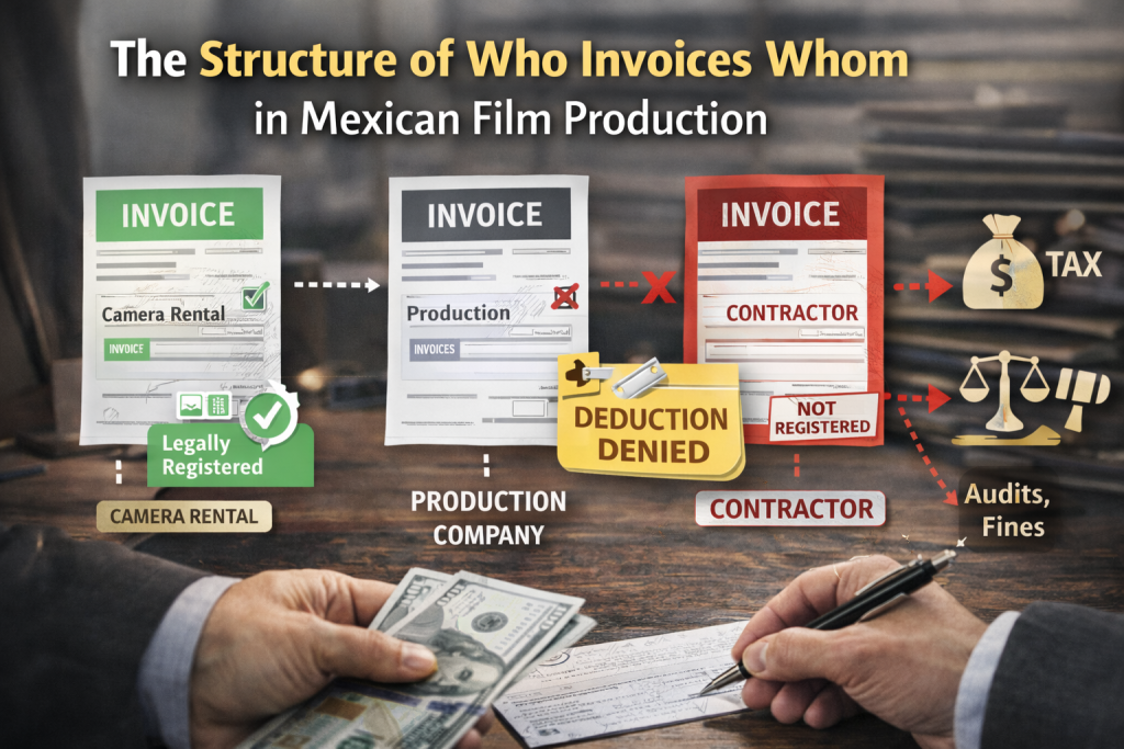Diagram showing how incorrect invoicing structures in film production in Mexico can create tax liability, denied deductions, and regulatory penalties for US producers.